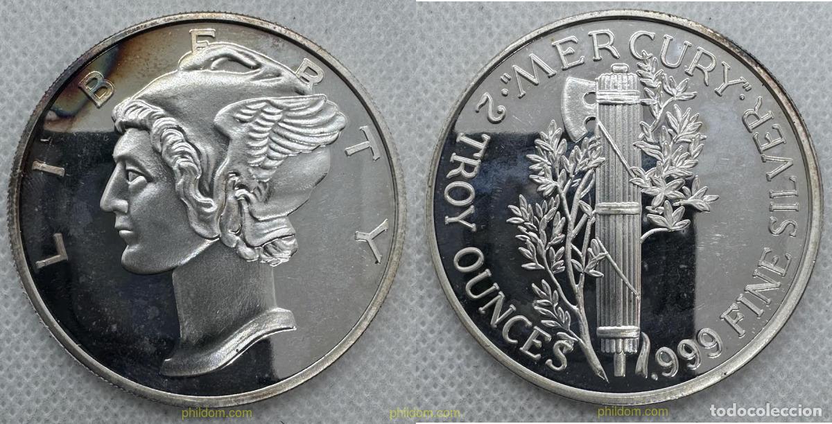 Medallas hist&oacute;ricas: LIBERTY 2 TROY OUNCES .999 FINE SILVER MERCURY DESIGN