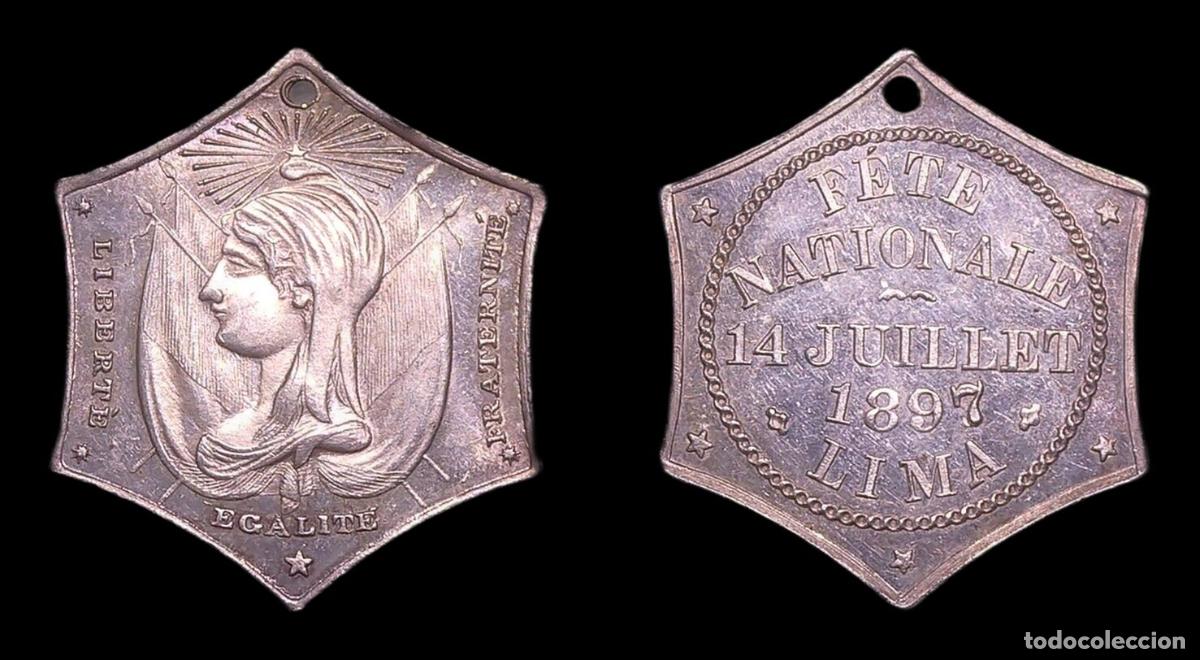 Medallas hist&oacute;ricas: PERU FRANCIA LIMA FIESTA 14 JULIO 1897 26x30mm 6,20g