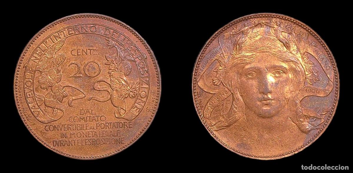 Medallas hist&oacute;ricas: ITALIA EXPOSICION MILAN BONO DE 20 CENTESIMI 1906