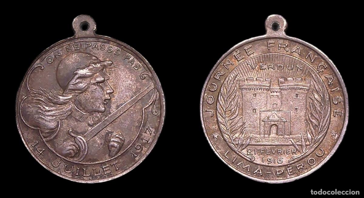 Medallas hist&oacute;ricas: PERU FRANCIA LIMA FIESTA 14 JULIO 1917 VERDUN 1916 26x23mm 6,26g