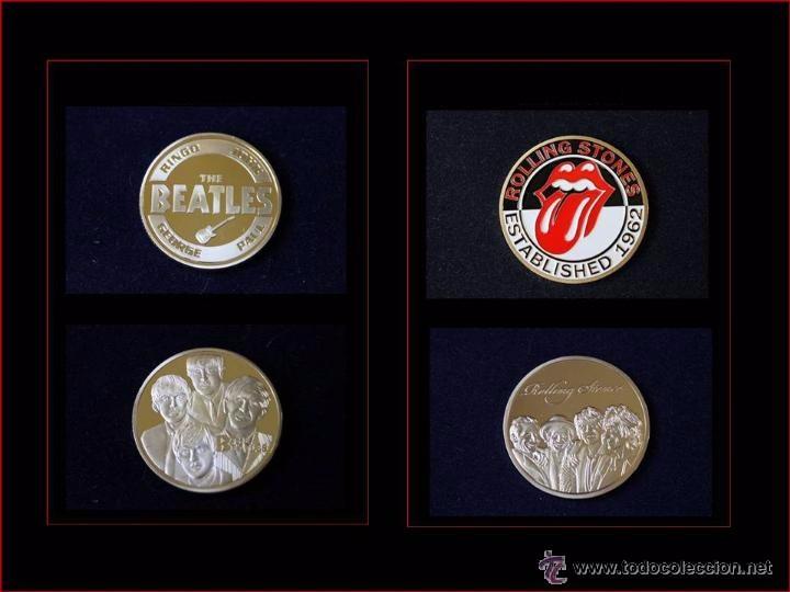 Medallas tem&aacute;ticas: 2 MONEDAS (1+1) CONMEMORATIVAS THE BEATLES Y LOS ROLLING STONES BA&Ntilde;ADA EN ORO 24 KT