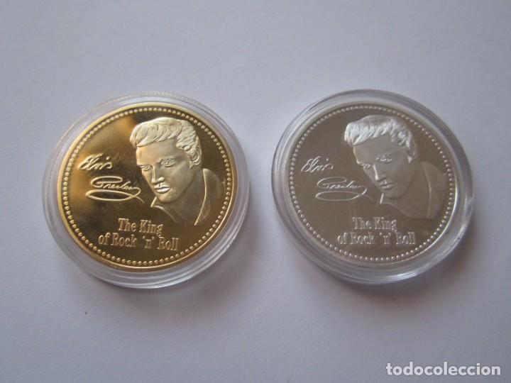 Thematic medals: LOTE MONEDAS-MEDALLAS DORADA Y PLATEADA EN CAPSULA ELVIS PRESLEY EL REY