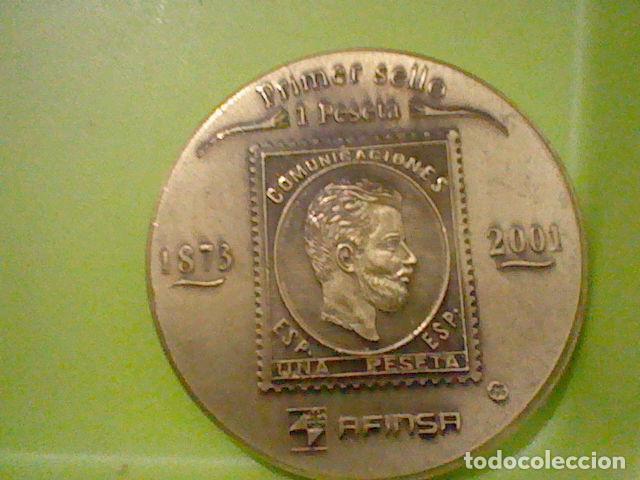 Medalhas tem&aacute;ticas: MEDALLA MANO AFINSA ULTIMO SELLO 1873 2001 PRIMER Y ULTIMO SELLO 1 PTA 6 CMS DIAMETRO