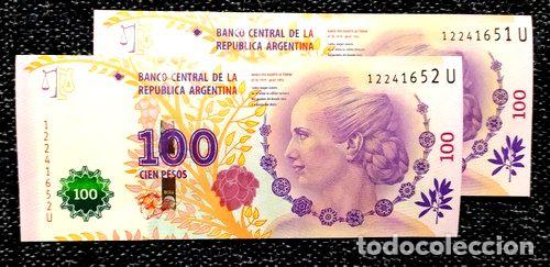 Medallas tem&aacute;ticas: oferta 2 billetes correlativos 100 pesos evita serie u unc