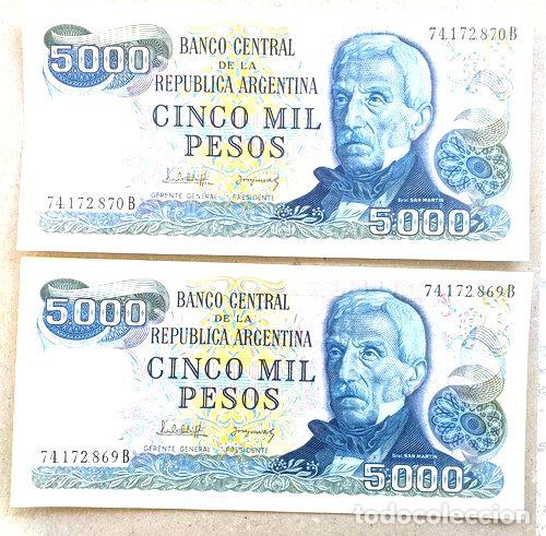 Medaglie tematiche: 2 billetes 5000 pesos ley num 1982 bot2476