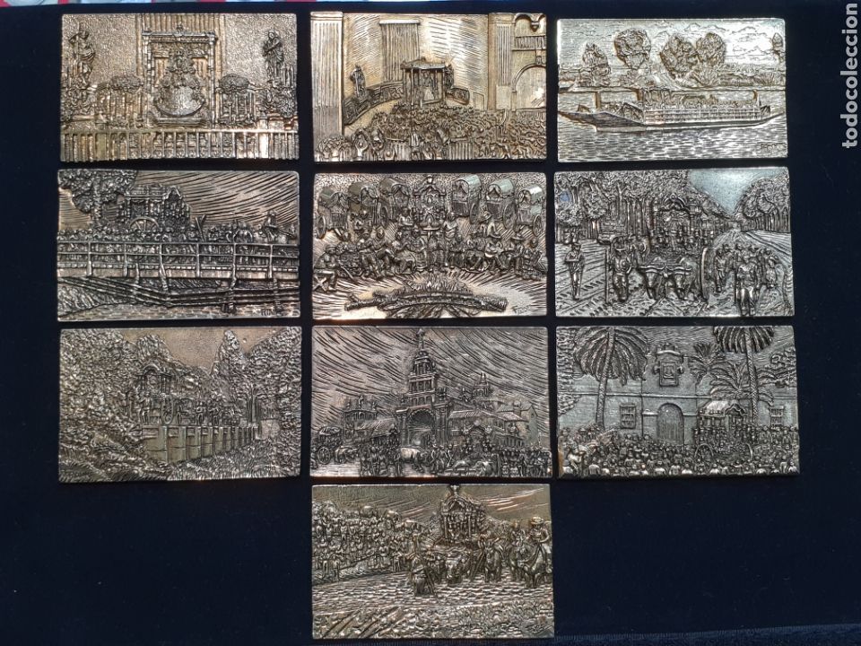 Medallas tem&aacute;ticas: PRECIOSA COMPOSICION DE 10 PLACAS BA&Ntilde;O ORO 24K ROMERIA DEL ROCIO . FIRMADAS FRANK. 7,9cm&times; 5cm unidad
