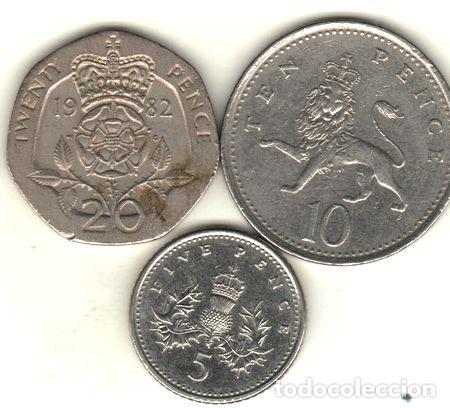 M&eacute;dailles th&eacute;matiques: gran bretana lote de 3 monedas diferentes de 5 a 20 pence
