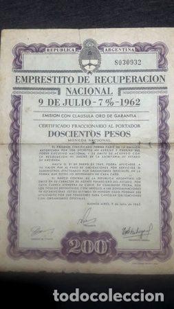Medalhas tem&aacute;ticas: bono emprestito de recuperacion nacional 9 de julio 1962