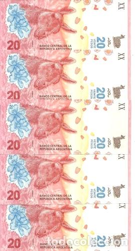 Medaglie tematiche: 5 billetes 20 pesos fauna serie a correlativos unicos