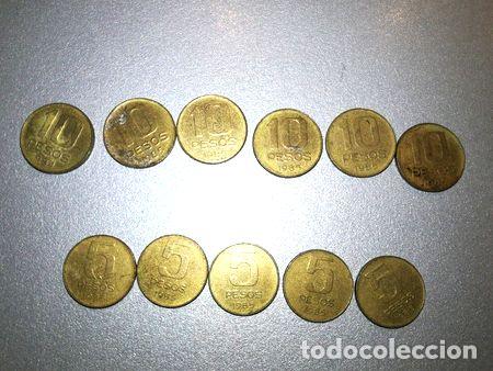 Medallas tem&aacute;ticas: lote de monedas de 5 y 10 pesos argentinos usados