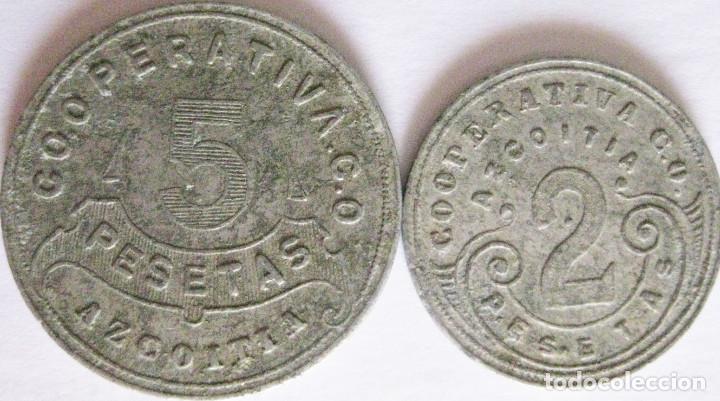 Medallas tem&aacute;ticas: Ficha de ''Cooperativa C. O. - Azcoitia - 1915'' 2 y 5 Ptas./ Bonitas./ Ver fotos,