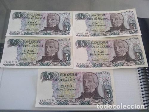Medalhas tem&aacute;ticas: lote 5 billetes de 5 pesos argentinos consecutivos serie a