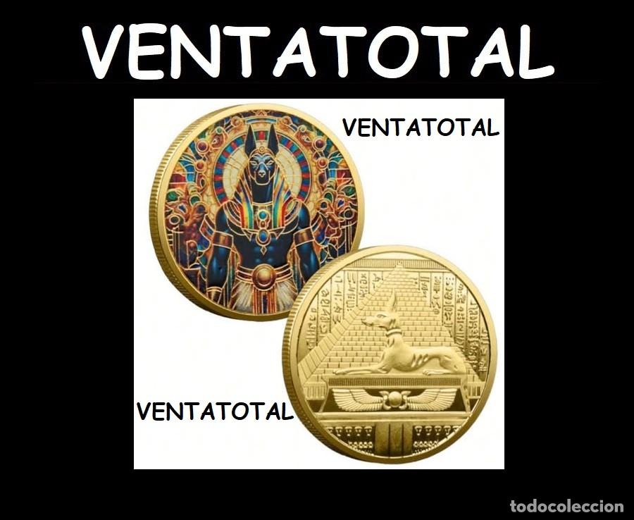 Medallas tem&aacute;ticas: MEDALLA TIPO MONEDA ORO COLOREADA HOMENAJE A ANUBIS DIOS DE LA MUERTE DEL ANTIGUO EGIPTO