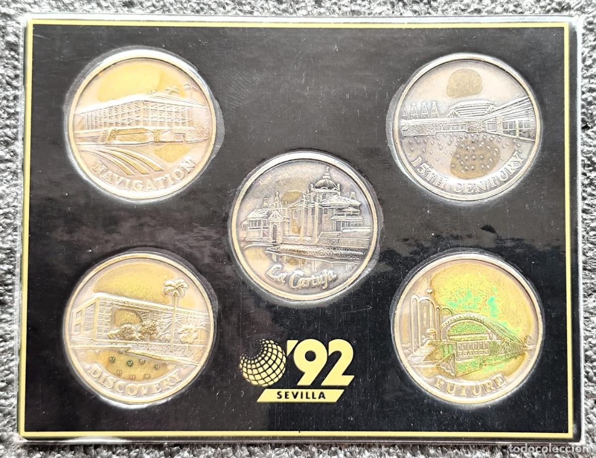 Medallas tem&aacute;ticas: Estuche 5 Medallas de la Expo 92 de Sevilla - Pabellones y La Cartuja - Blister original, Lote 1855