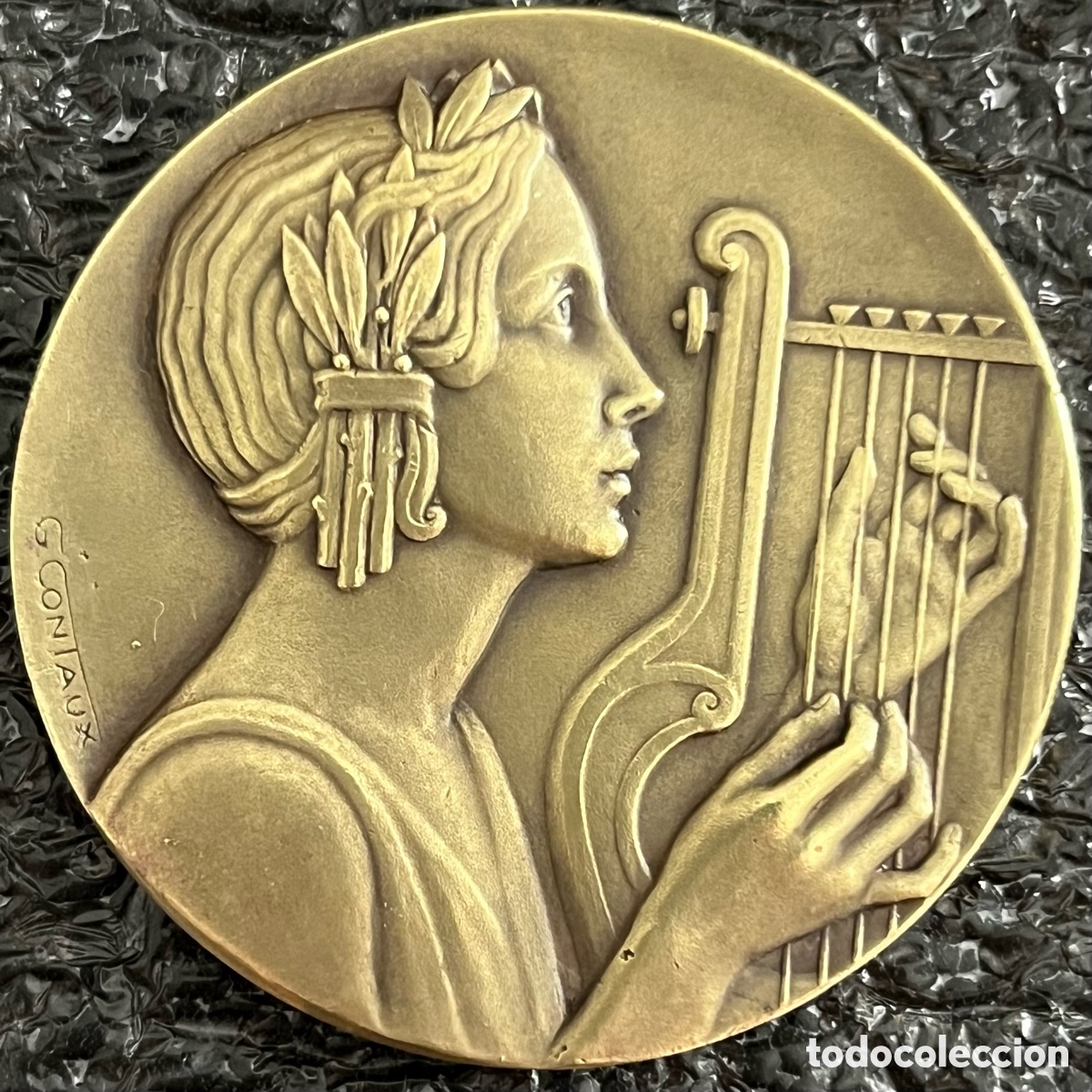 Medallas tem&aacute;ticas: Medalla de bronce Art D&eacute;co Georges Contaux - Persona tocando Lira