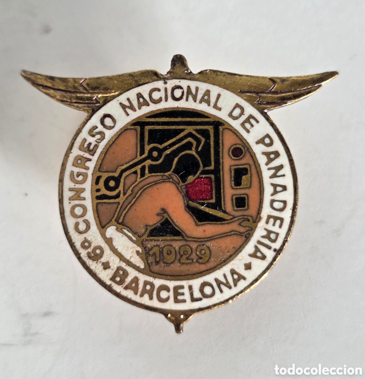 Medallas tem&aacute;ticas: Antigua Insignia ojal Sexto Congreso Nacional Panader&iacute;a Barcelona 1929 Reclamos Iberia - Pan Esmalte