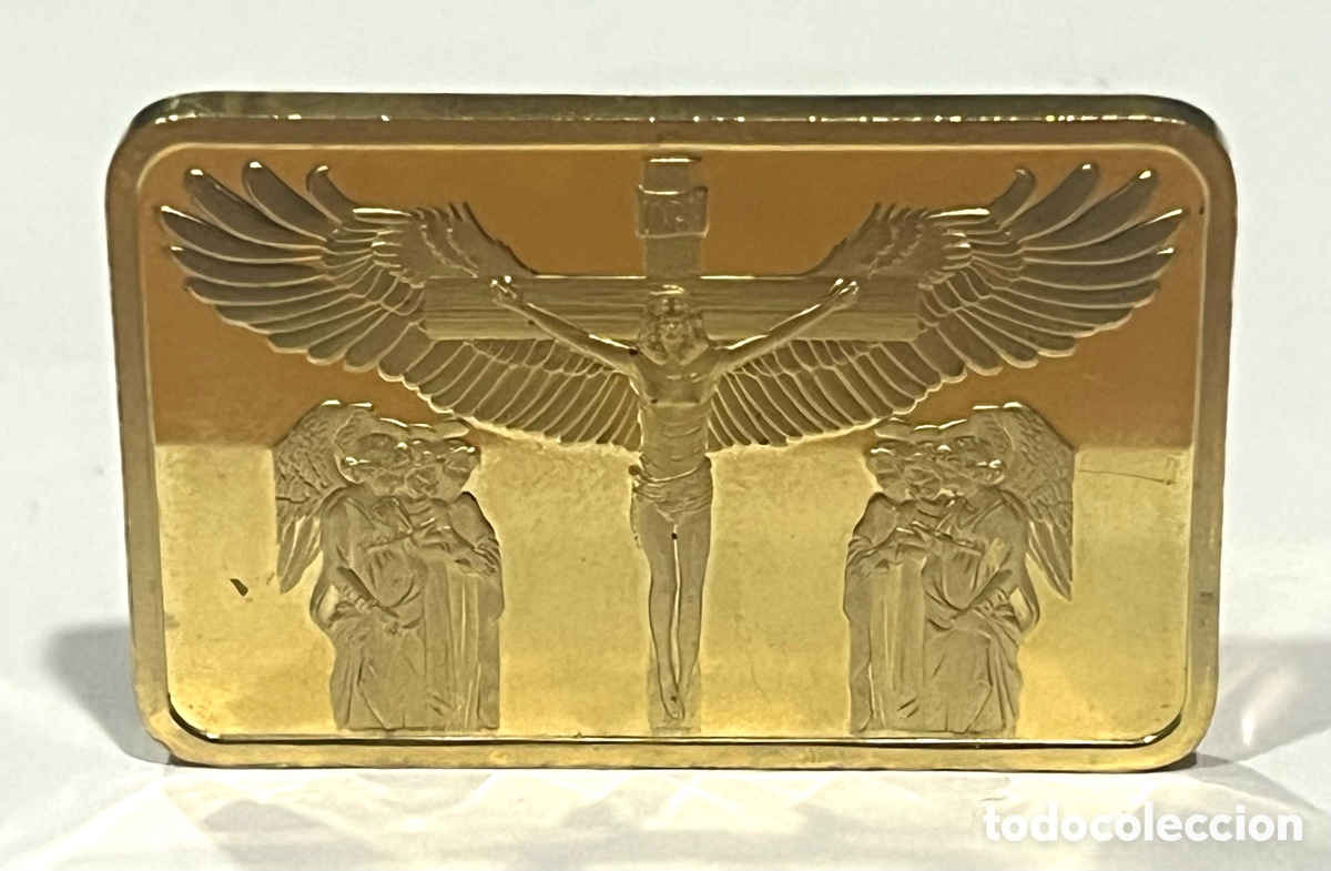 Medallas tem&aacute;ticas: LINGOTE ORO LAMINADO JES&Uacute;S CRUCIFICADO ACOMPA&Ntilde;ADO DE &Aacute;NGELES Y LA TABLA DE LOS 10 MANDAMIENTOS