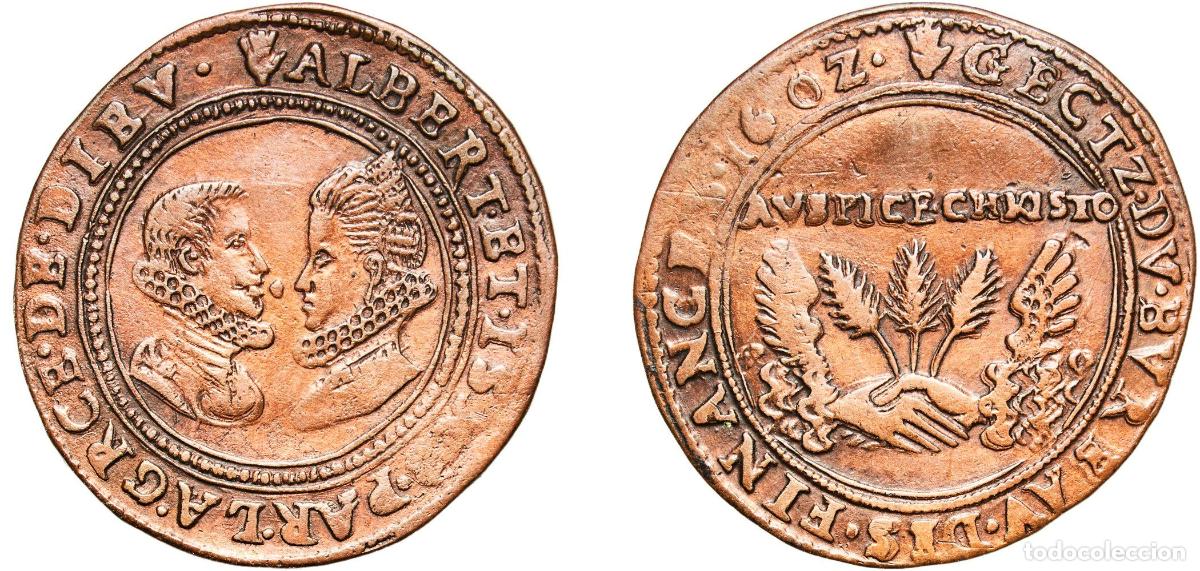 Medallas tem&aacute;ticas: Spanish Netherlands 1602 Token - Albert and Isabelle (Anvers) Copper Antwerp Mint 4.92g XF Dugniol