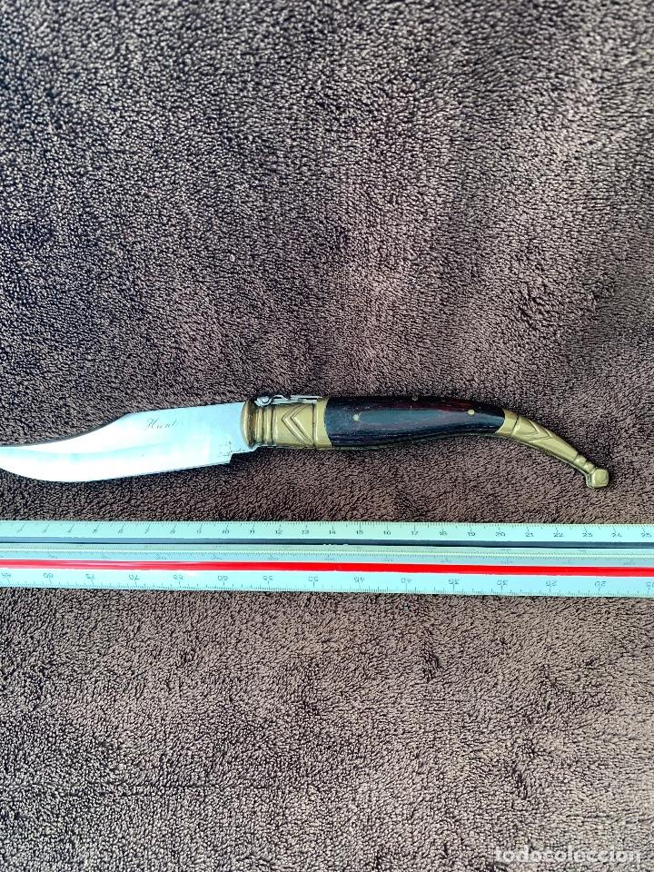 Militaria: CUCHILLO NAVAJA MANGO DE BRONCE Y MADERA 25 CMS - Foto 1