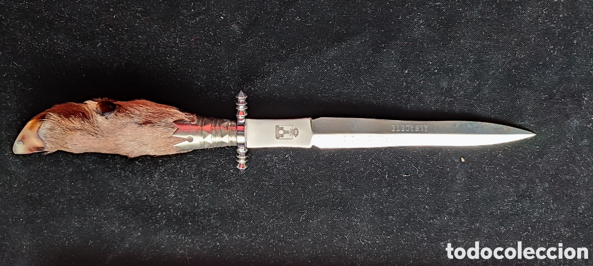 Military Antiques: Gran machete de Albacete con hoja de acero inoxidable y mango de pezu&ntilde;a de ciervo adornos de laton