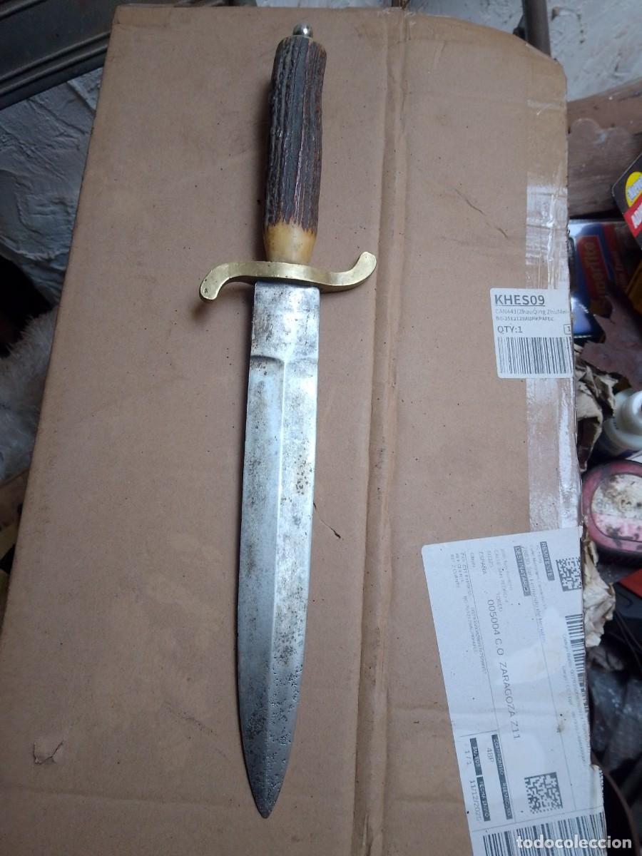 Militaria: Cuchillo de caza antiguo 40cm mango de cuerna