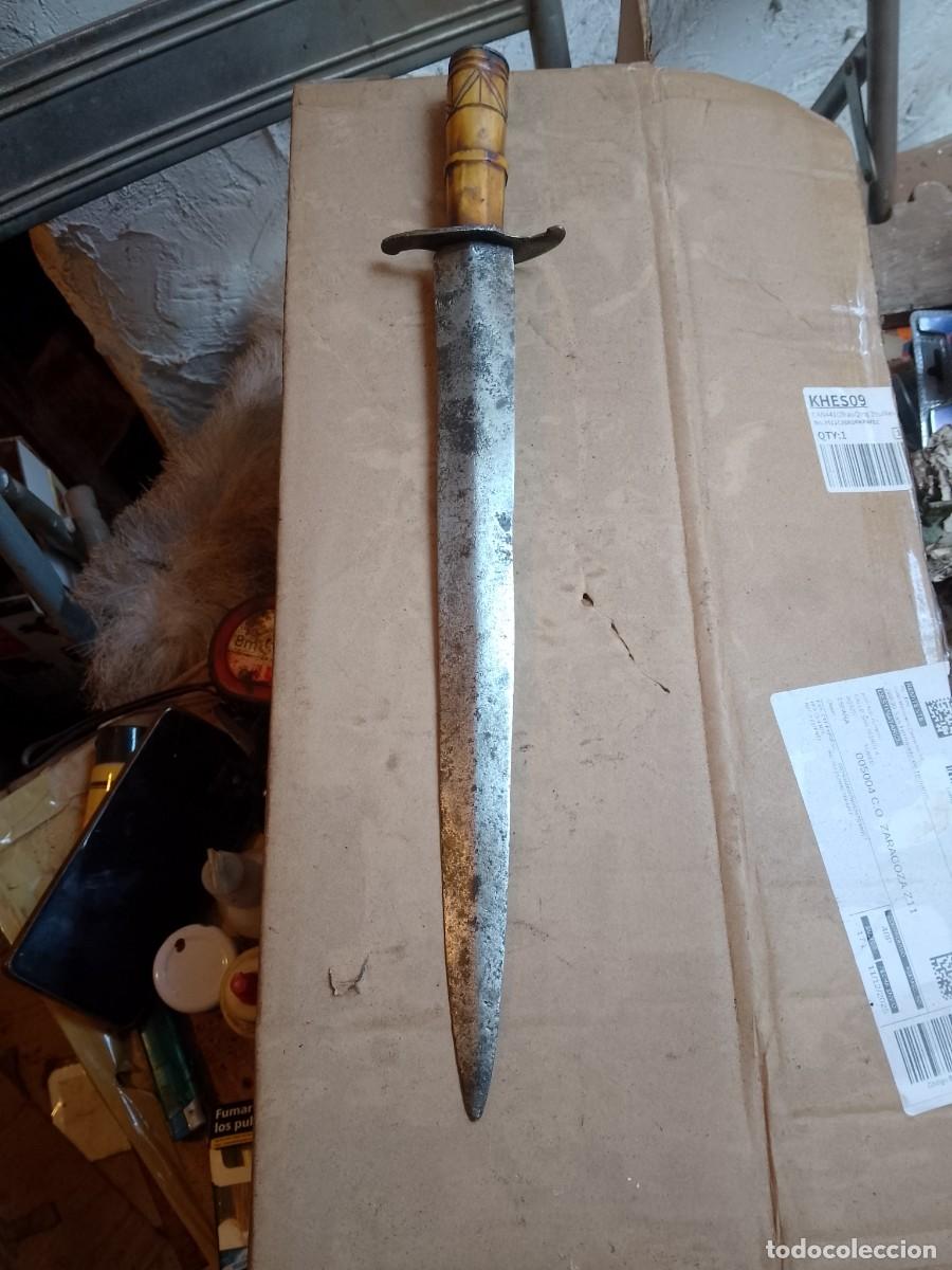 Militaria: Cuchillo de caza antiguo mango hueso 44cm