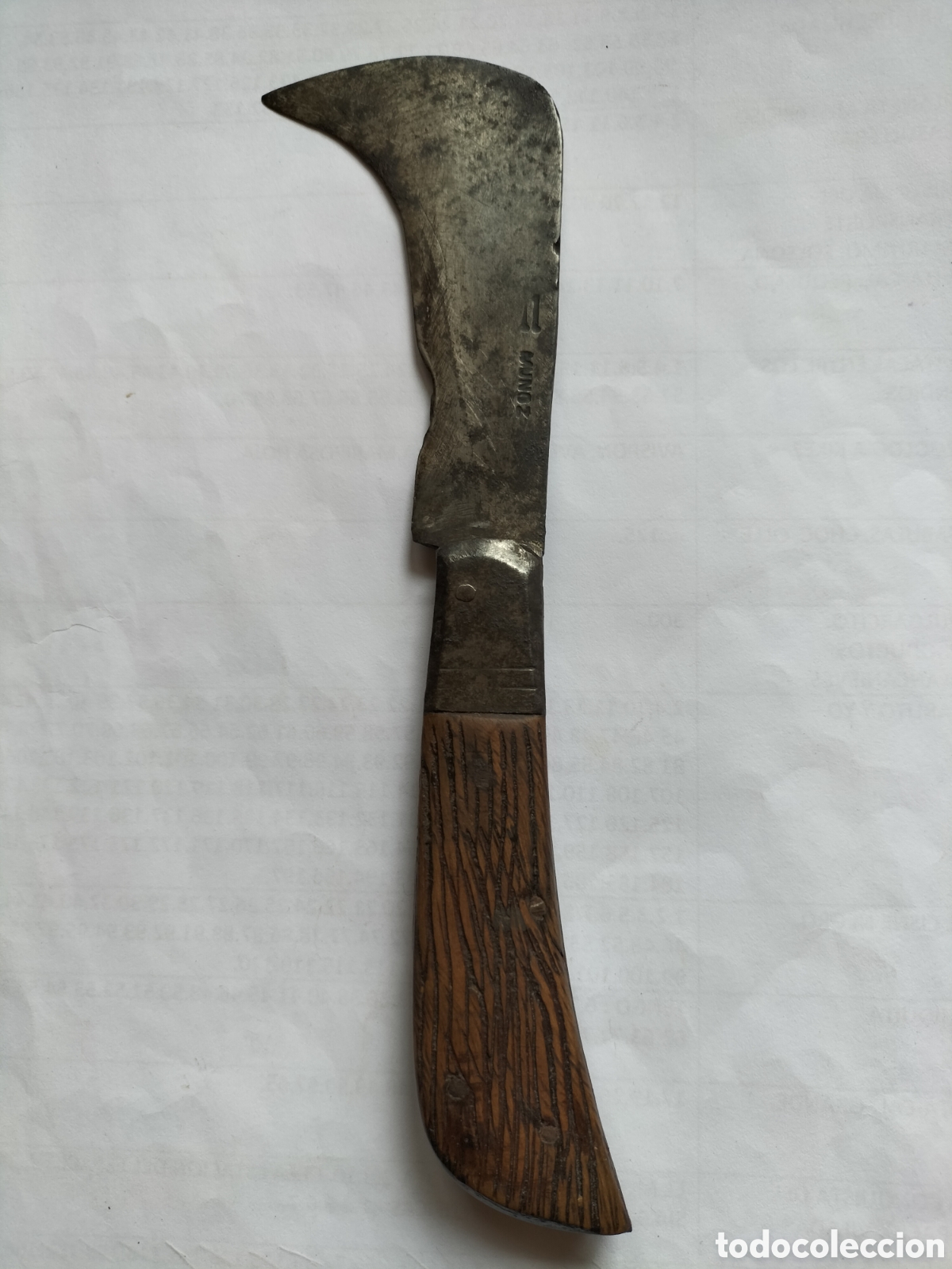 Militaria: Antigua Navaja de Poda. Marca del Artesano Mu&ntilde;oz. 19 cm Abierta.
