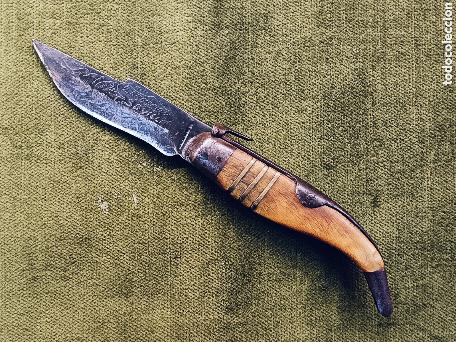 Militaria: MAGNIFICA NAVAJA SEVILLANA HOJA GRABADA AL &Aacute;CIDO ARMER&Iacute;A +Z+ SEVILLA FIN S.G.XIX