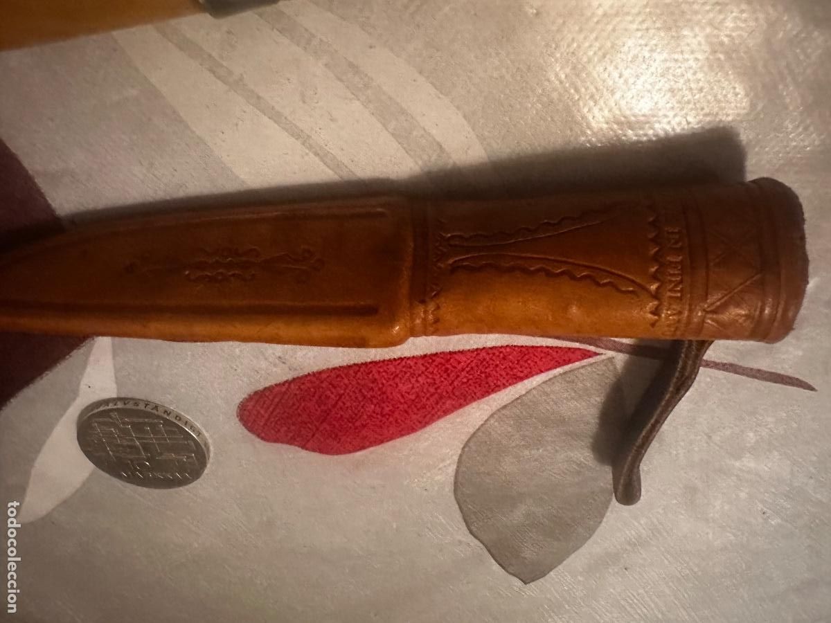 Militaria: : ANTIGUO CUCHILLO FINLANDIA PUUKKO - MANGO GRABADO CON ALCE - FUNDA CUERO