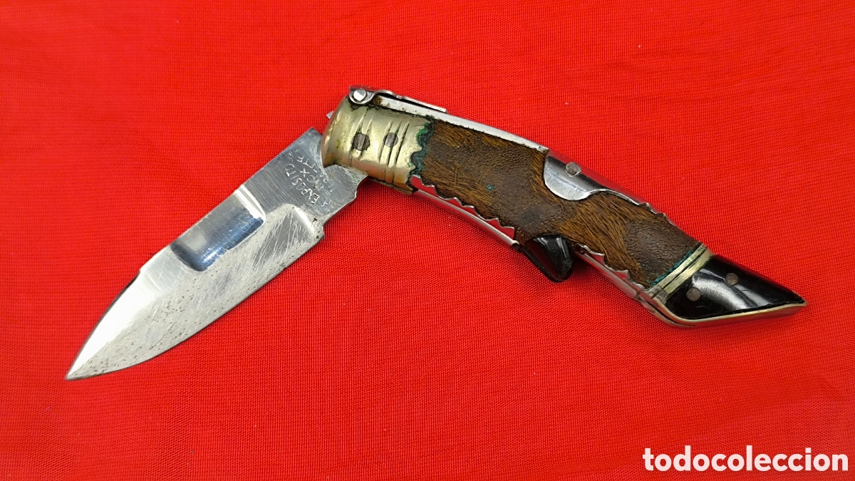 Militaria: Navaja artesanal Exp&oacute;sito Inox Albacete mango asta y piel vintage