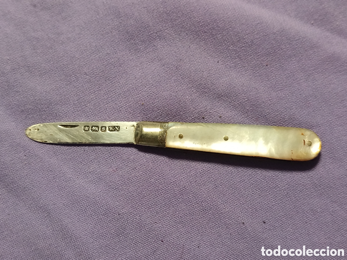 Militaria: ANTIGUA NAVAJA DE PLATA Y NACAR, INGLESA, MARCAS
