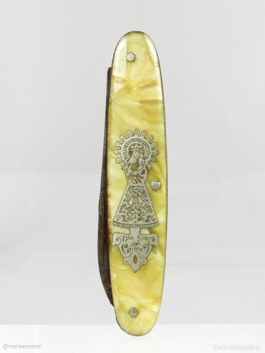 Militaria: Navaja multiusos de PAYA cachas en celuloide Nuestra Se&ntilde;ora del Pilar segunda mitad del siglo XX