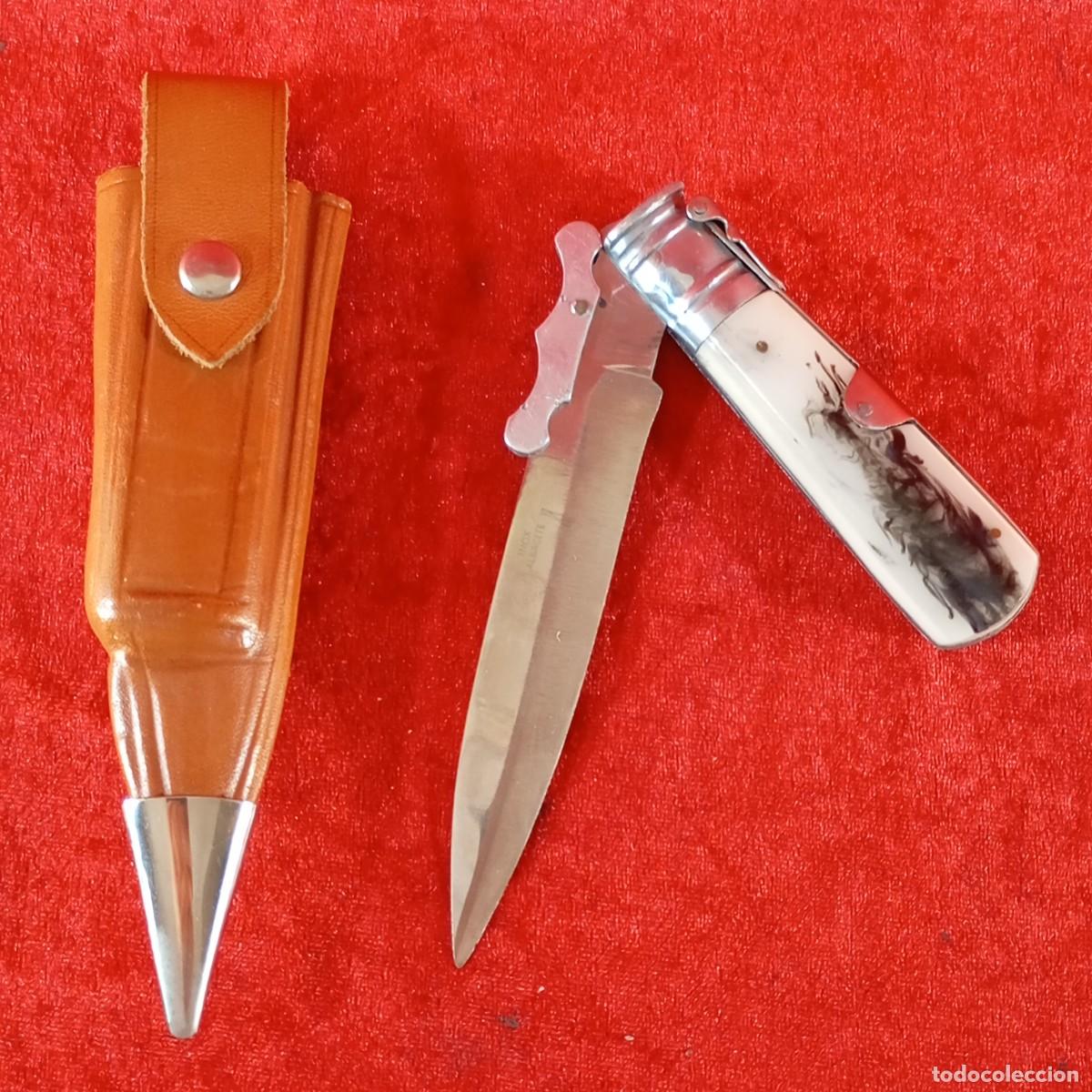 Militaria: NAVAJA - INOXIDABLE ALBACETE - CON FUNDA DE PIEL - 23,5 CM TOTAL ABIERTA - PIEZA DE COLECCI&Oacute;N / 635