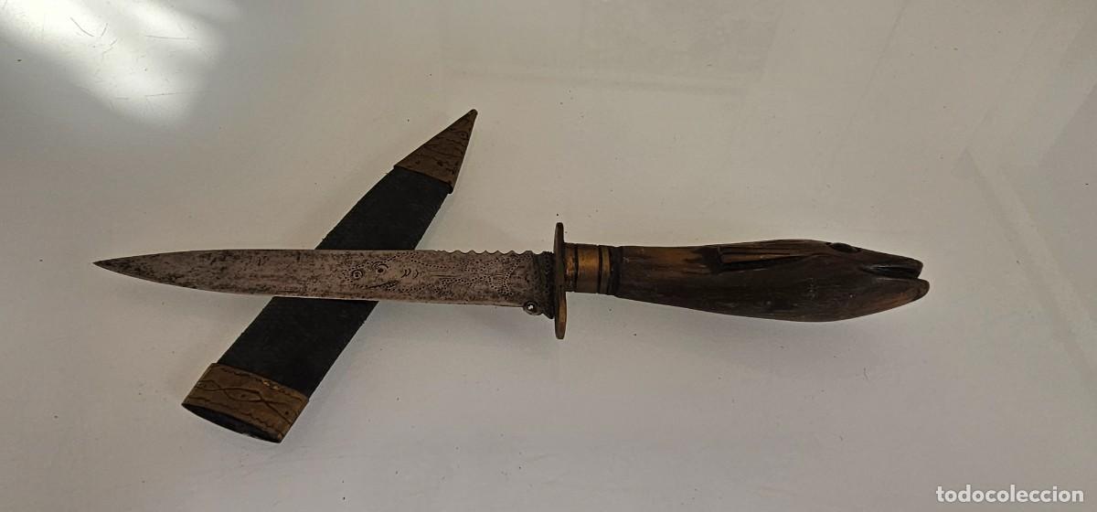 Militaria: Preciosa daga asta pez grabada siglo XIX