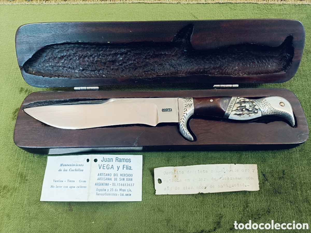 Militaria: EXCLUSIVO CUCHILLO ARTESANAL. JUAN RAMOS , VEGA Y FILA.ARGENTINA.CACHAS DE PLATA ,ORO MADERA Y ASTA