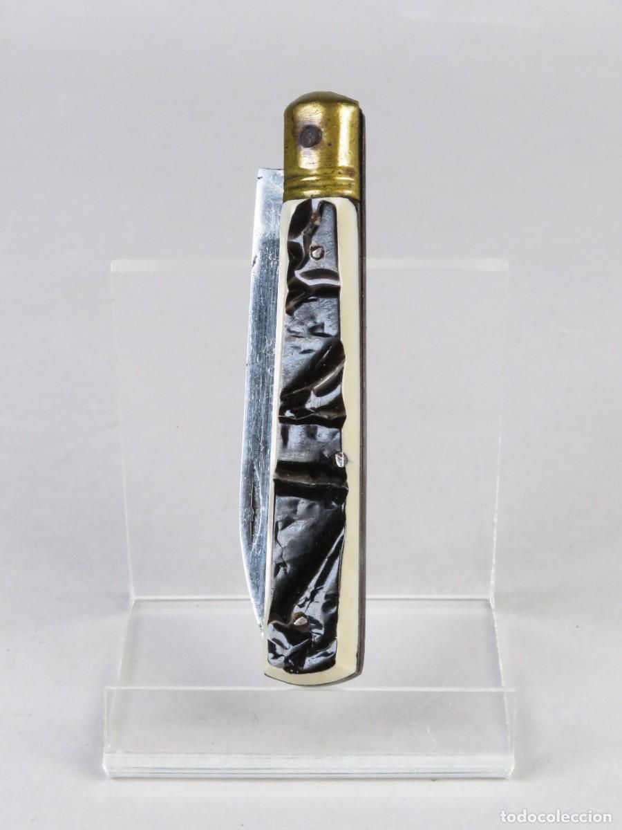 Militaria: Navaja Inox con cachas imitando asta de ciervo Albacete siglo XX