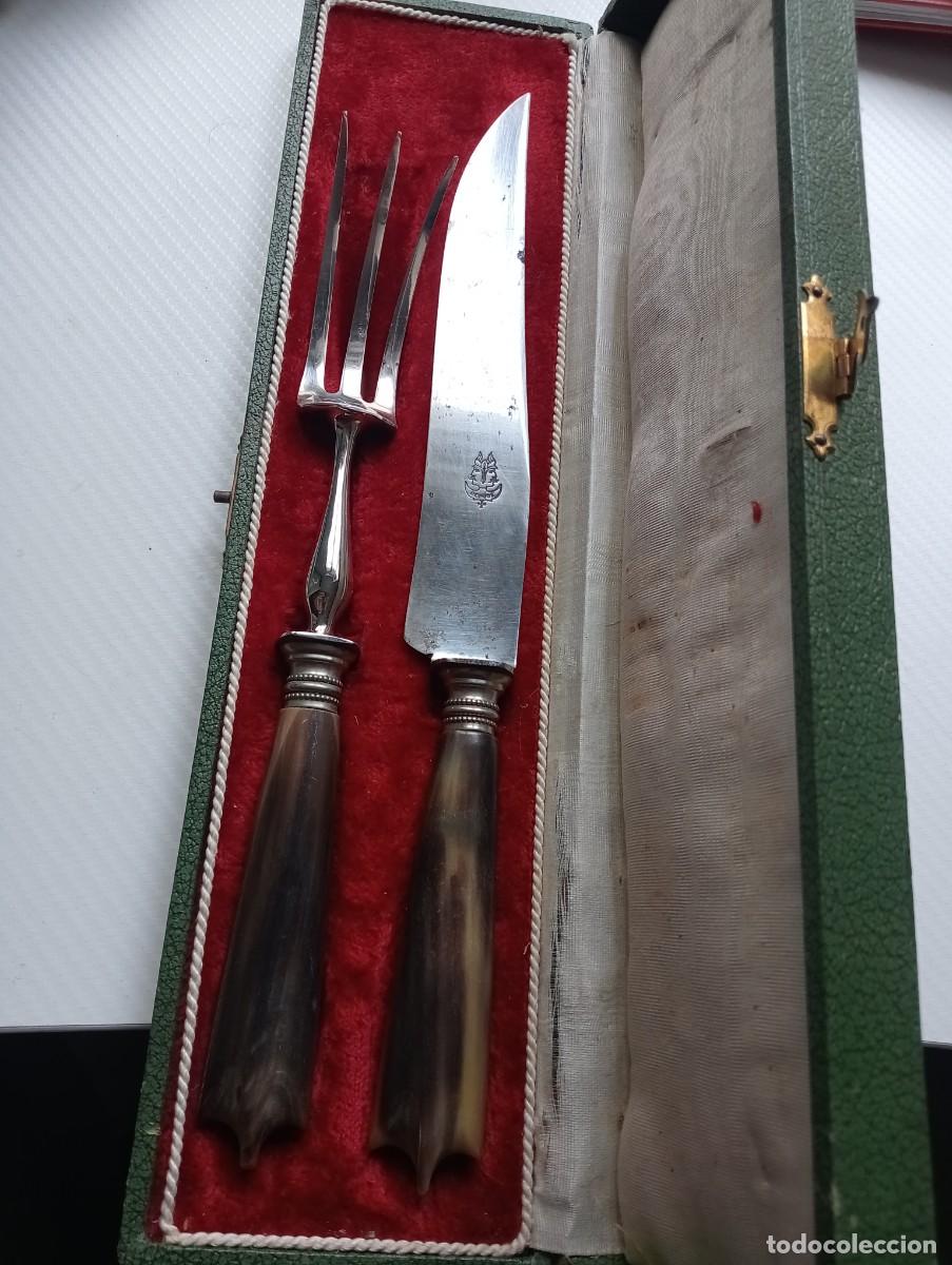 Militaria: ANTIGUO ESTUCHE LUJO CUCHILLO Y TENEDOR TRINCHANTE MARCA DE POSE MANGO CUERNO TORO PRINCIPIOS S.XX