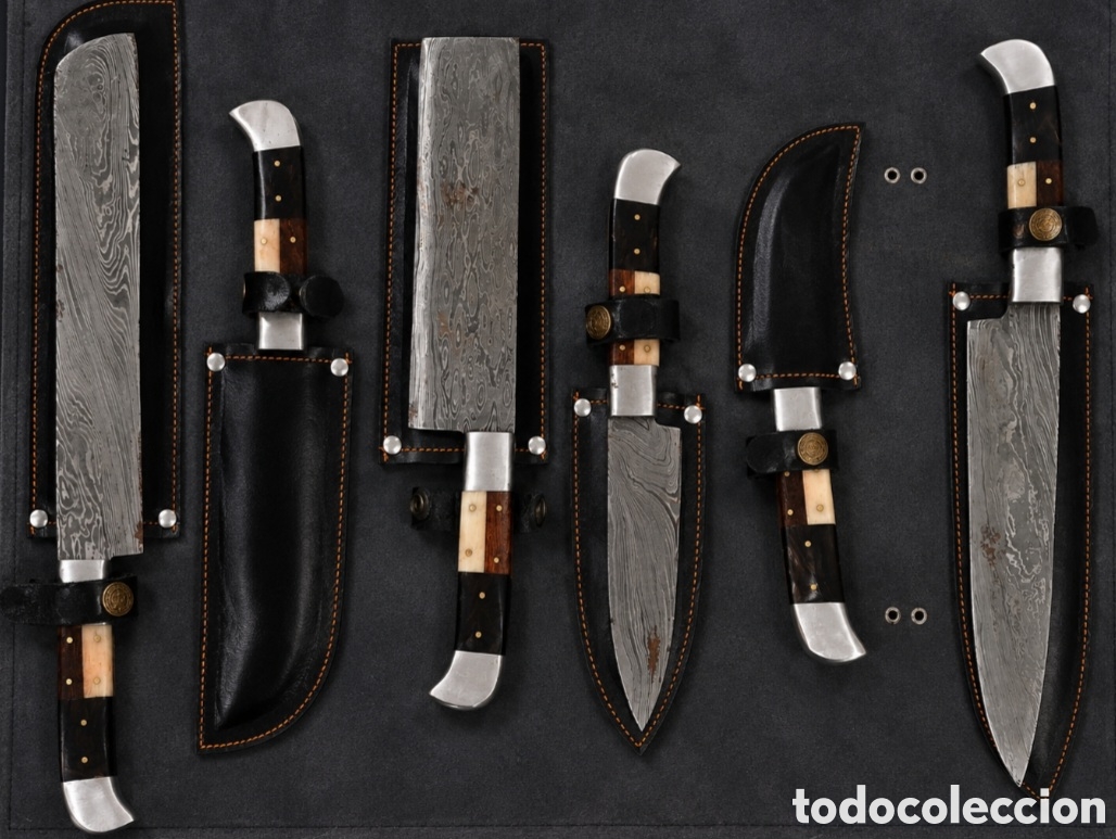 Militaria: Juego de cuchillos de Chef profesional en acero de damasco y cuero natural