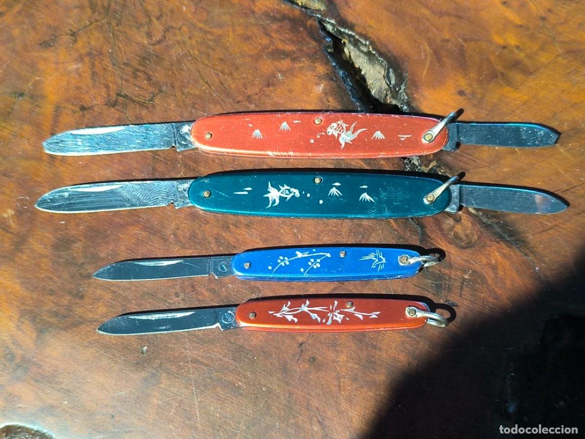 Militaria: 4 NAVAJAS CACHAS DE ALUMINIO ANONIZADO, GRANDES 8 CM PEQUE&Ntilde;AS 6 CM