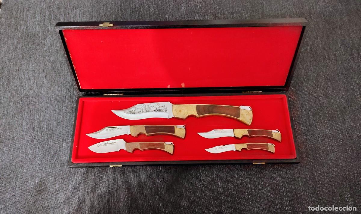 Militaria: Navajas Aitor Serie Dorada (5) Completa con Estuche - Grabados a Mano - Descatalogadas - Espa&ntilde;a 1980