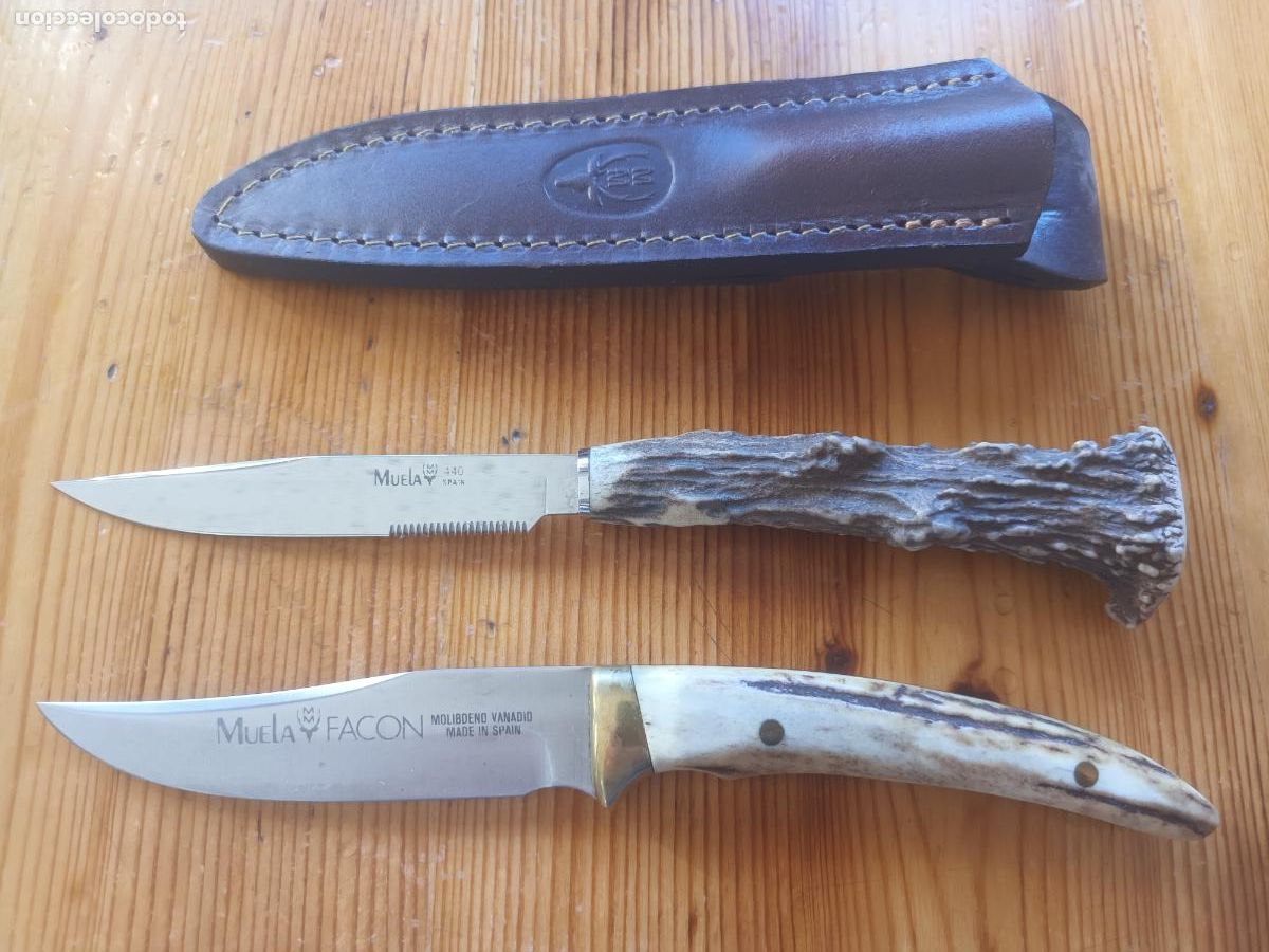 Militaria: DOS CUCHILLO MACHETE PU&Ntilde;AL CAZA. CACHA MANGO ASTA. MUELA FACON Y MUELA 44O. SPAIN