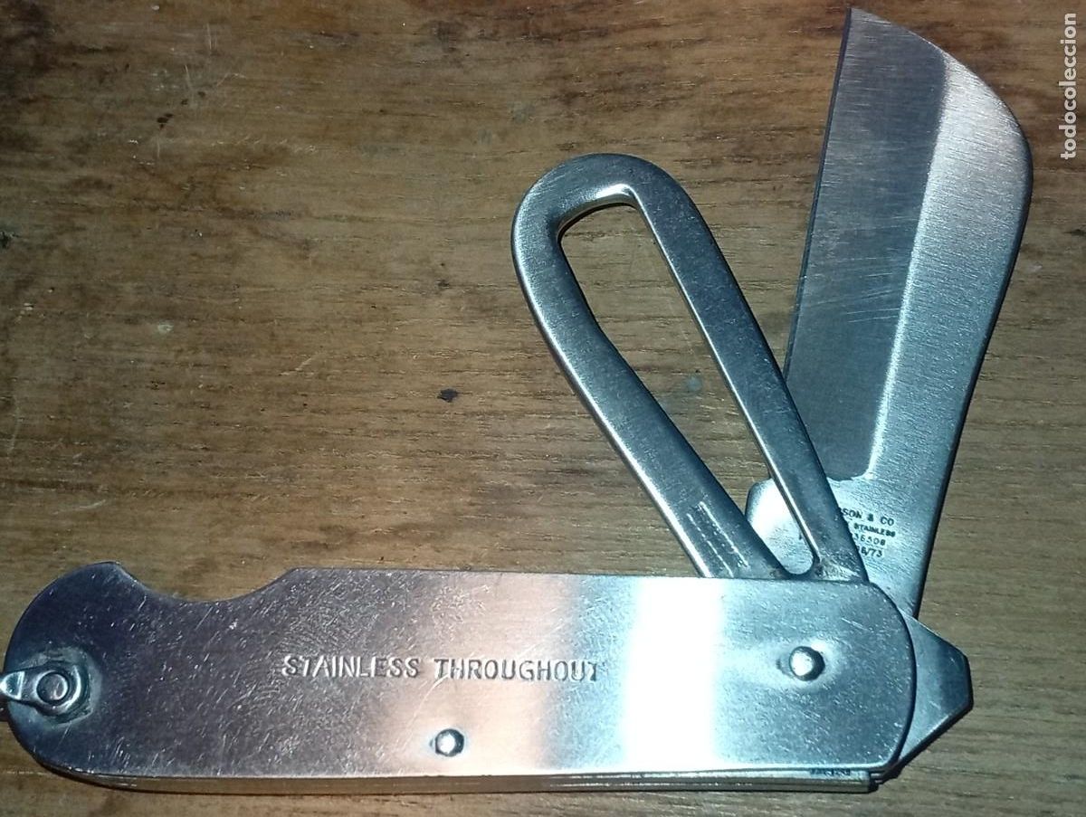 Militaria: SOLIDA NAVAJA MARINERA DOTACION INGLATERRA MARCAJE A&Ntilde;OS 70 TODO ACERO Y FUNDA DE PIEL