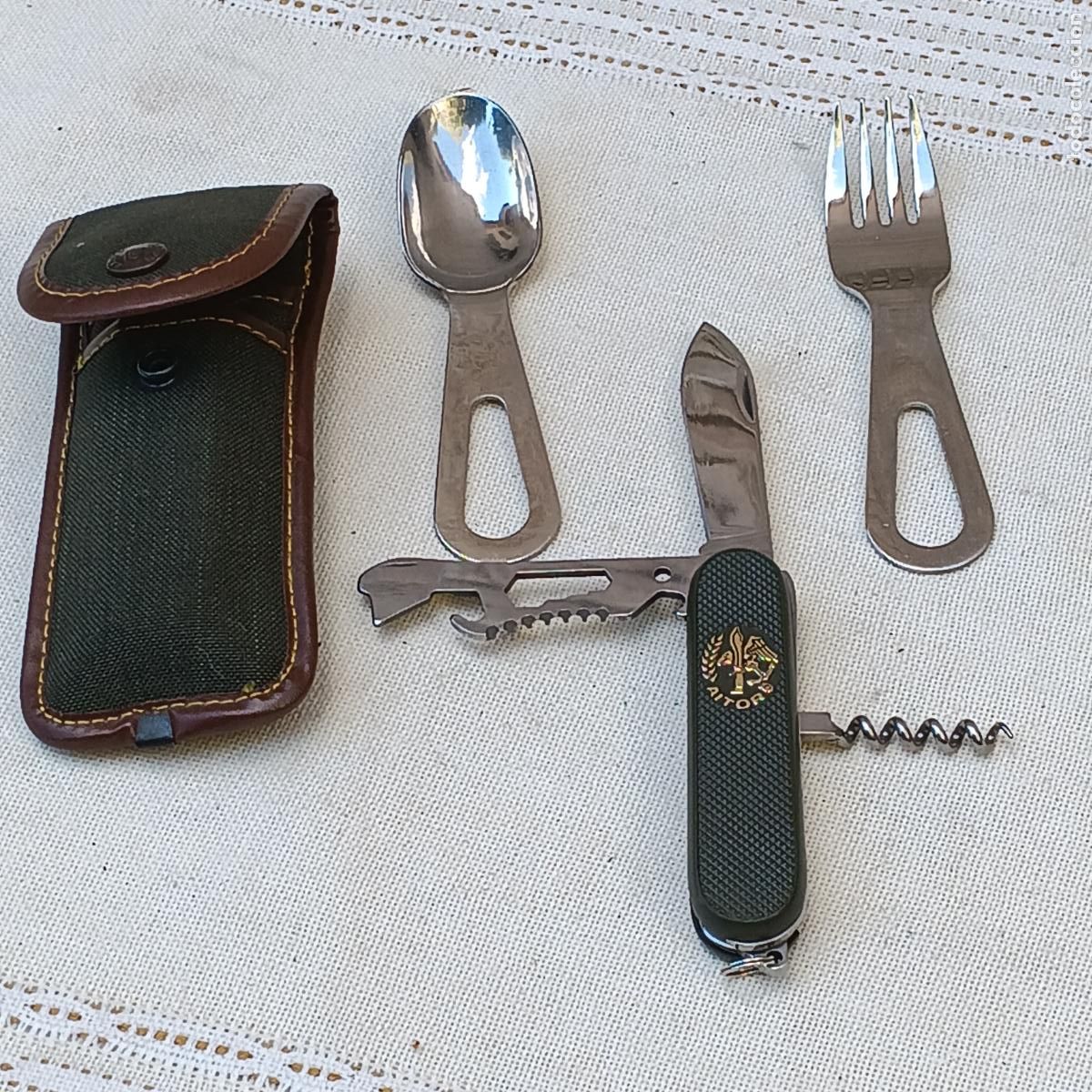 Militaria: ESTUCHE MARCA AITOR - NAVAJA VARIOS USOS - CUCHARA Y TENEDOR - COES.