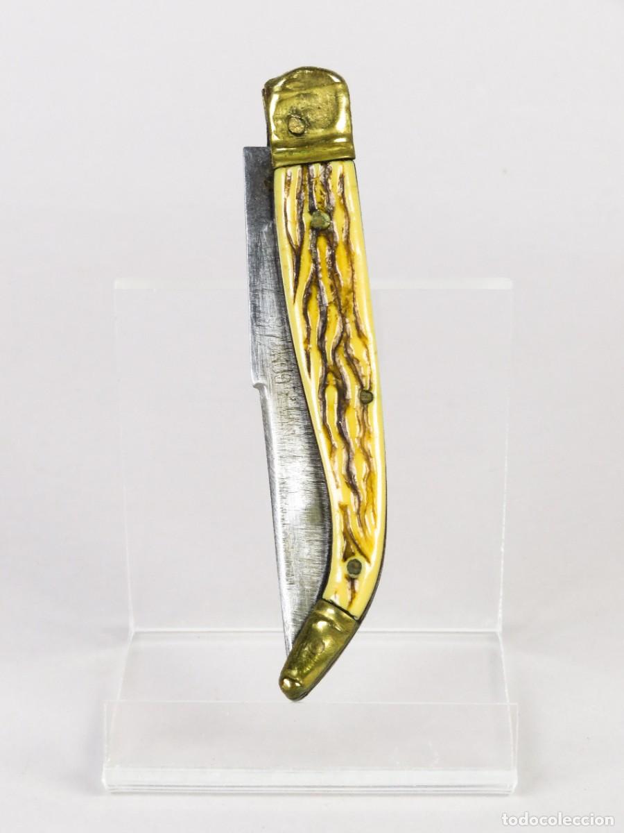 Militaria: Navaja de acero de Albacete y cachas de celuloide imitando asta mediados del siglo XX