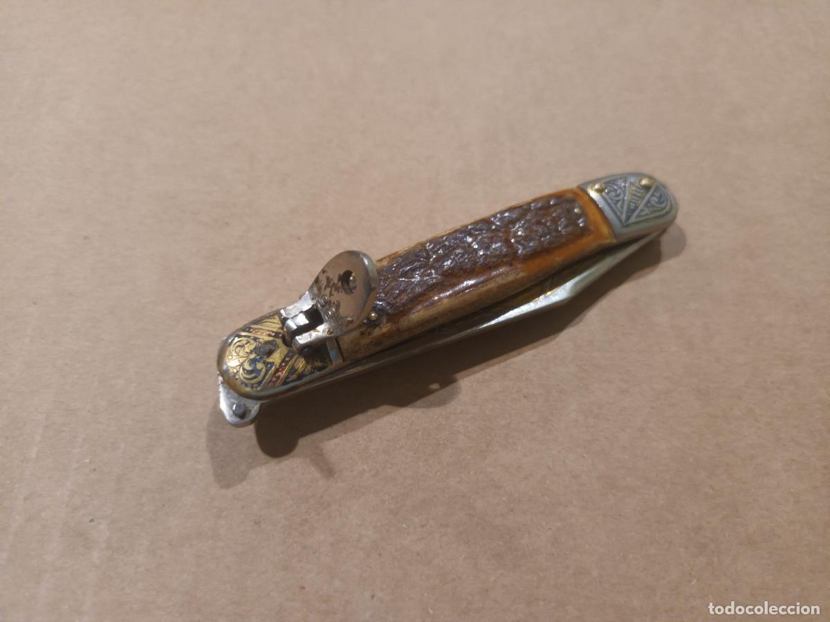 Militaria: NAVAJA CUCHILO FABRICA TOLEDO. CAZA AUT. HOJA FILIGRANA DIBUJO CIERVO. MANGO ASTA
