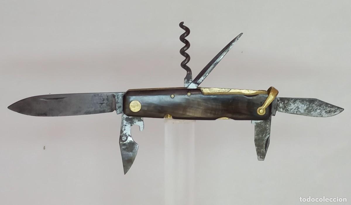 Militaria: ANTIGUA NAVAJA MULTIUSOS FRANCESA DE 6 ELEMENTOS CON CACHAS EN ASTA DE TORO