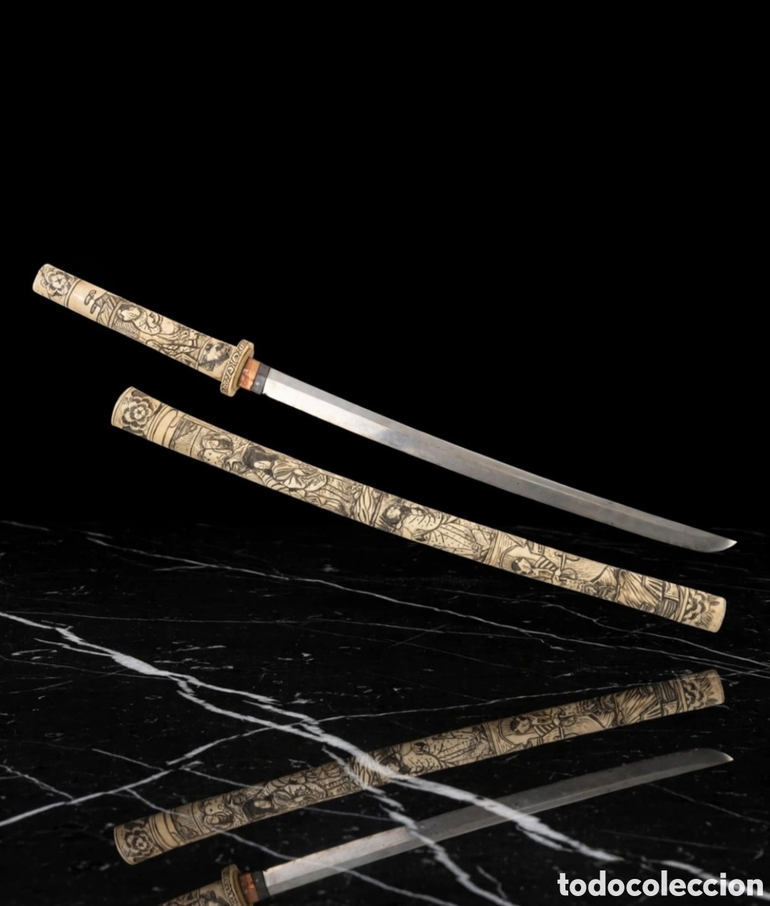 Militaria: Katana de hueso tallado a mano japon&eacute;s del periodo Meij&iacute; siglo XIX pintado a plumilla