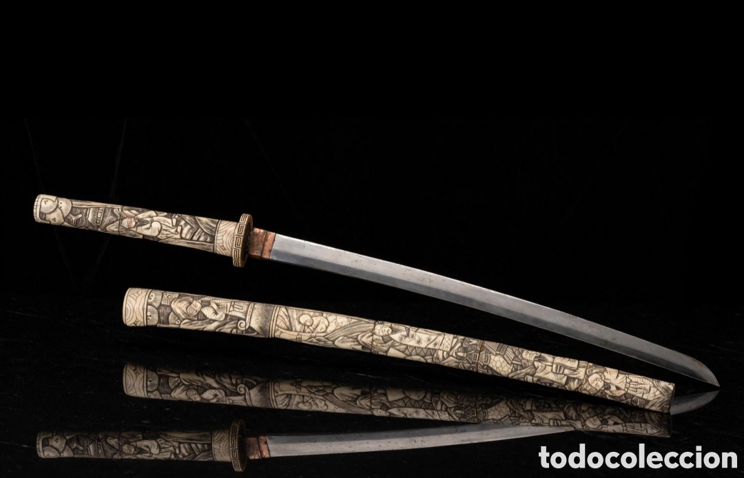 Militaria: Katana de hueso tallado a mano japon&eacute;s del periodo Meij&iacute; siglo XIX pintado a plumilla