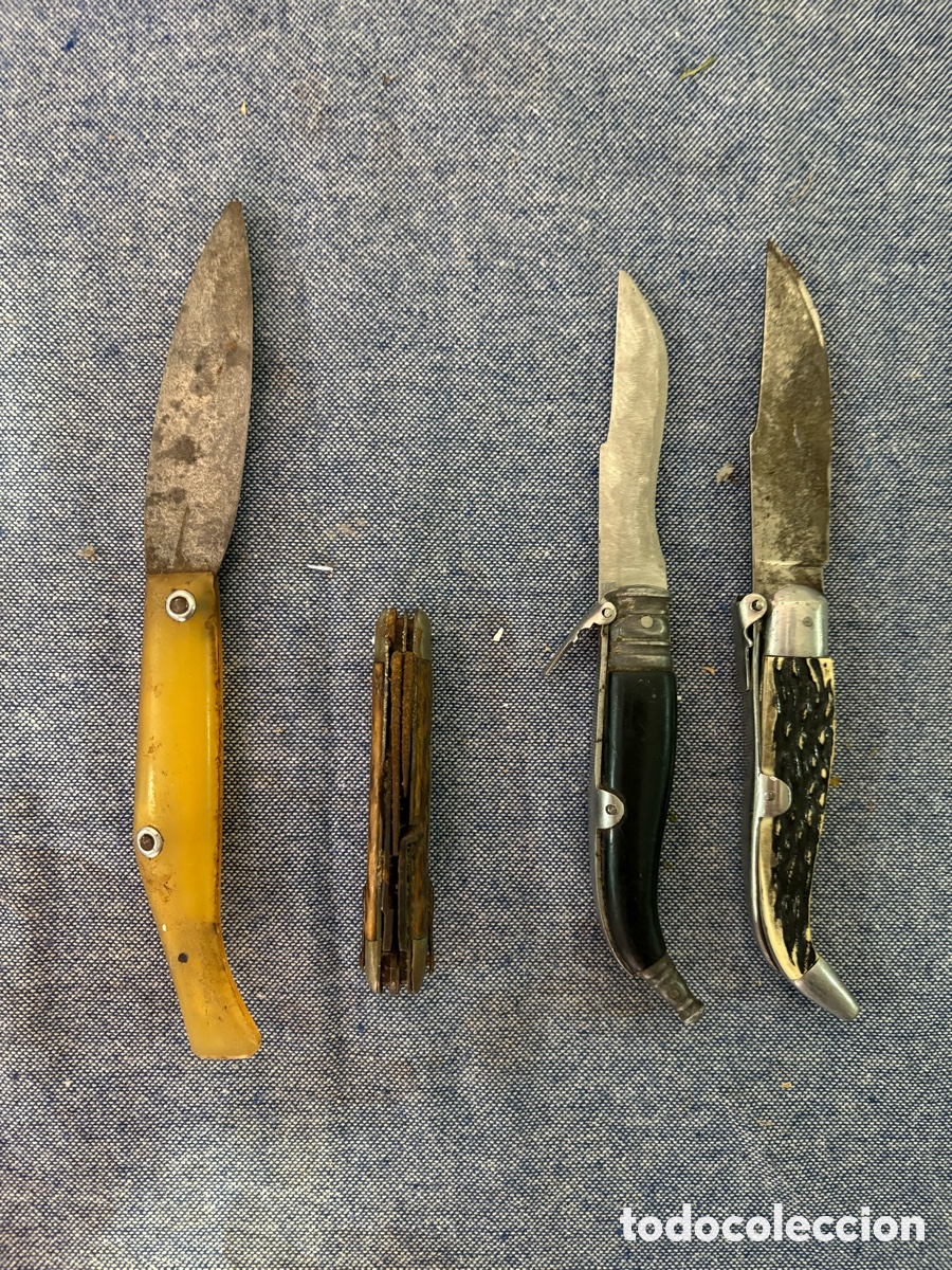 Militaria: Lote 4 Navajas Antiguas Plegables: Mango de Asta, Cuerno y Baquelita