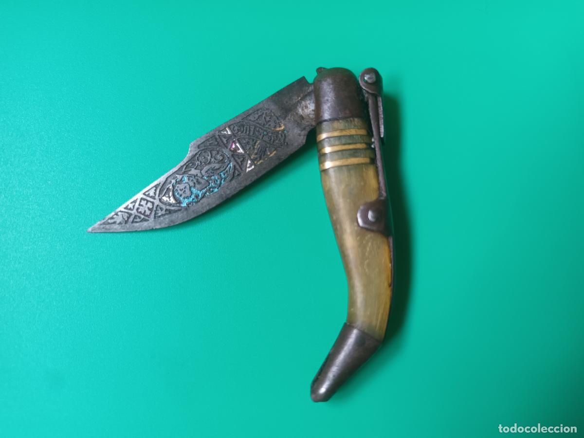 Militaria: NAVAJA T T RECUERDO LUGO. TIPO ALBACETE FILIGRANA TOLEDO. MANGO ASTA.